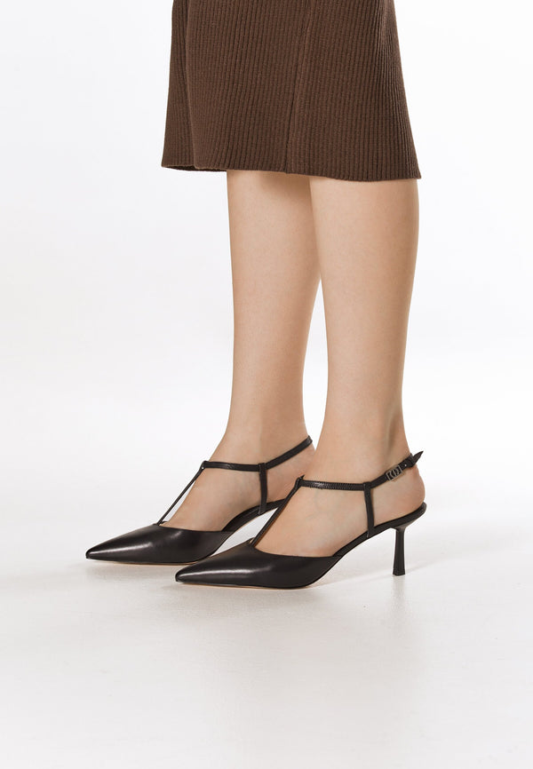Elegant women's saddle brown leather slingbacks with pointed toe Estro – on-foot presentation.