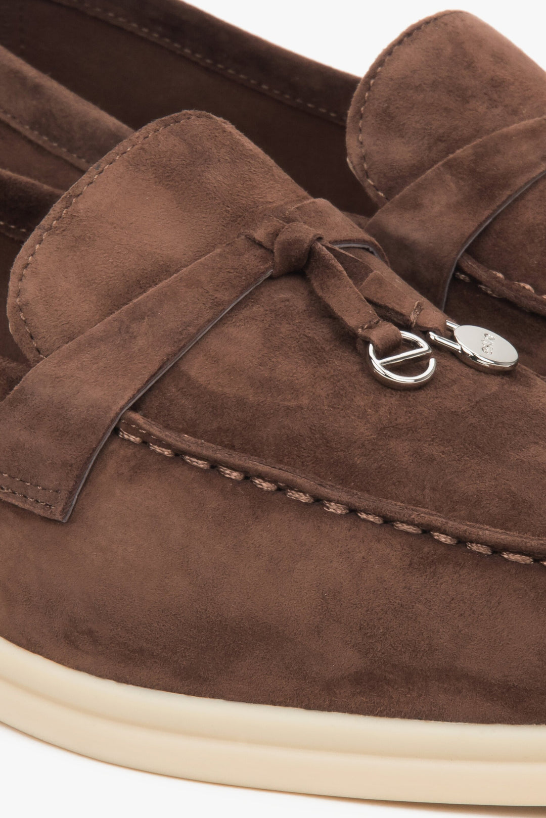 Saddle brown comfy and elegant women's velour loafers - close-up on details.