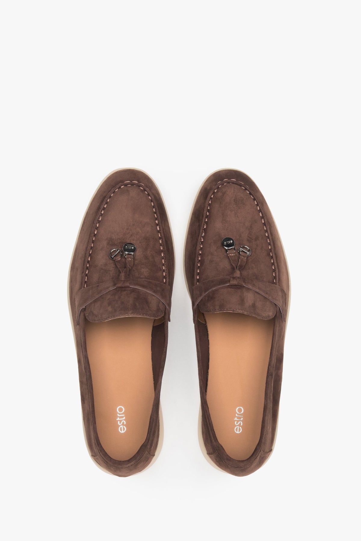 Saddle brown women's loafers of Estro brand made of velour and leather - presentation of the footwear from above.