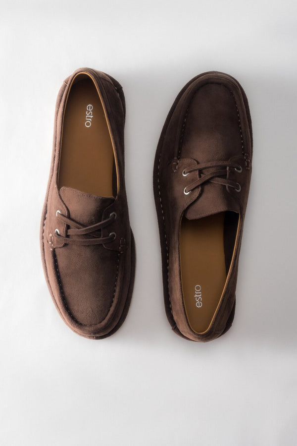 Women's Dark Brown Nautical Style Velour Lace-up Loafers Estro ER00117142.