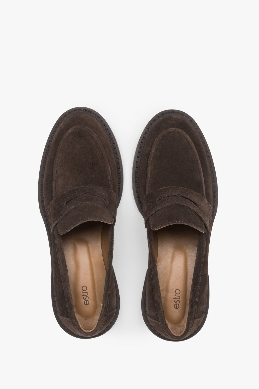 Estro Women's Saddle Brown Loafers: Italian Velour Finish - presentation from top.