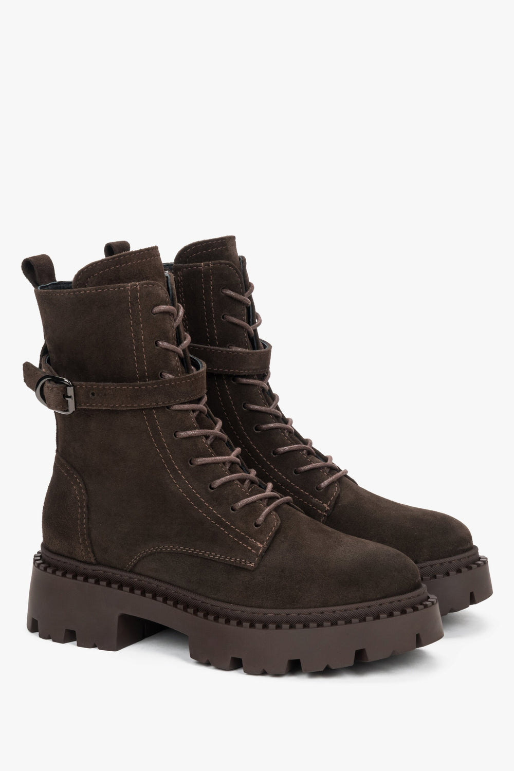 Genuine Italian Velour Women's Ankle Boots in Saddle Brown by Estro - a close-up on soft shoe shaft.