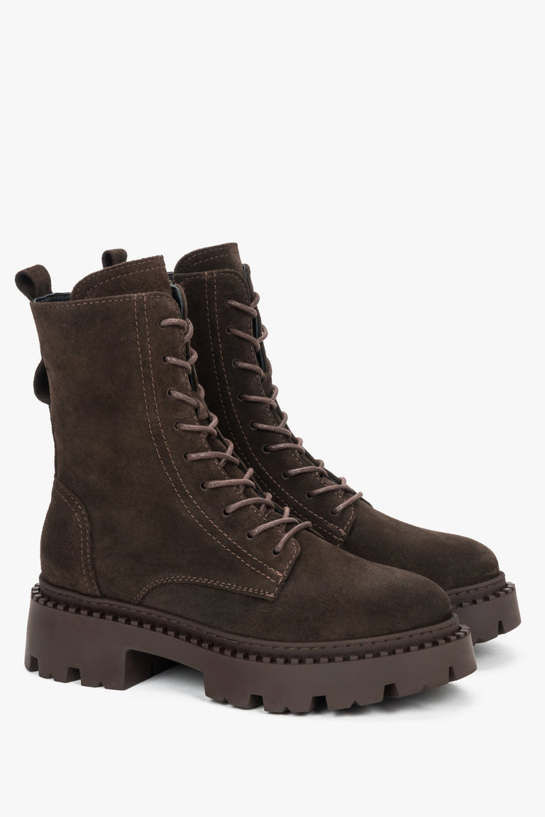 Stylish Women's Saddle Brown Italian Velour Ankle Boots by Estro - close-up on a toeline.
