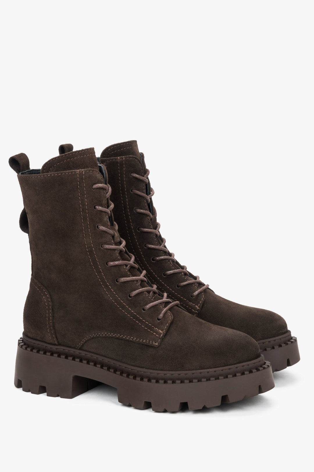 Stylish Women's Saddle Brown Italian Velour Ankle Boots by Estro - close-up on a toeline.