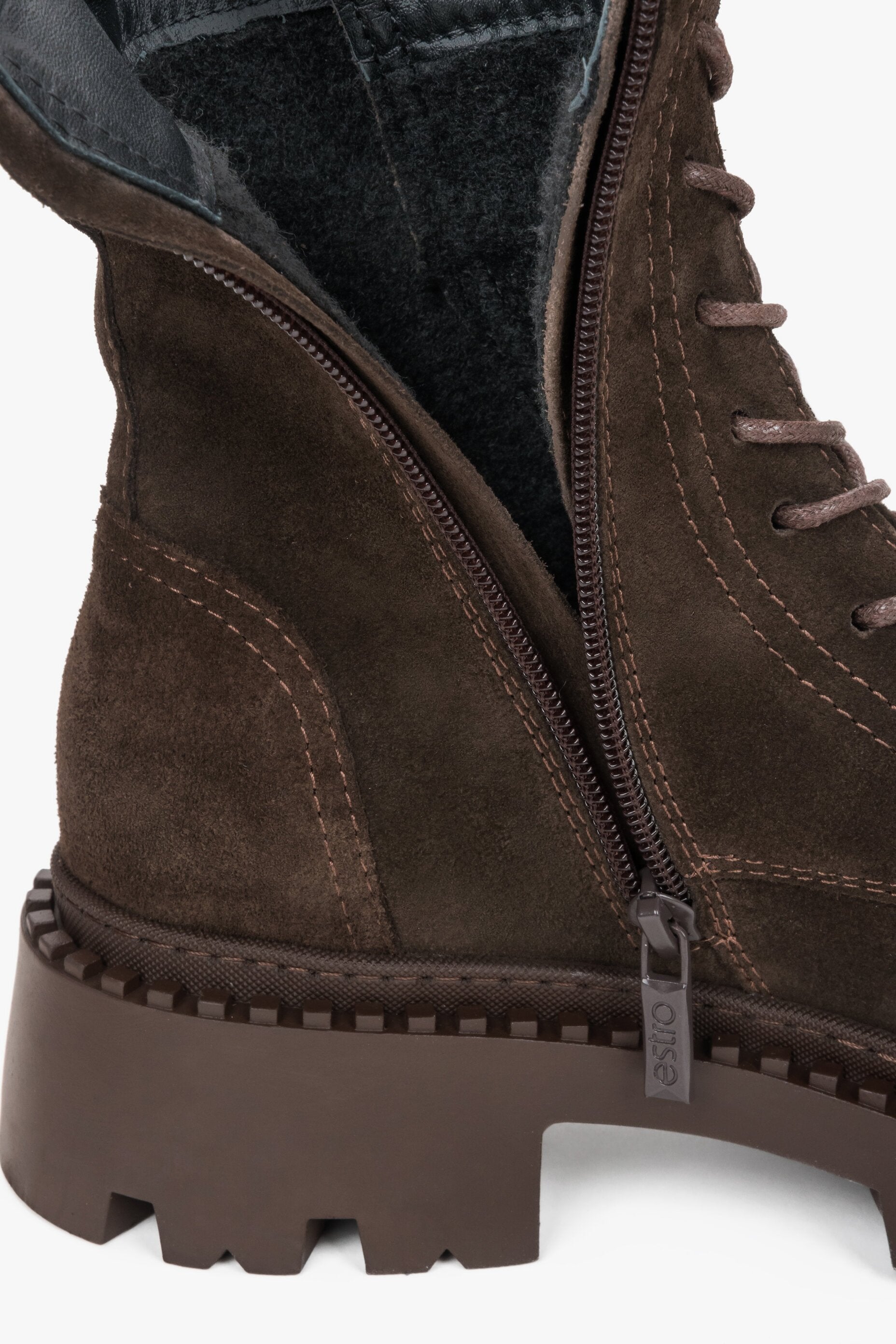 Elegant Saddle Brown Ankle Boots for Women Crafted from Italian Velour by Estro - a close-up on soft padding.