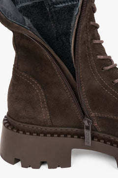 Elegant Saddle Brown Ankle Boots for Women Crafted from Italian Velour by Estro - a close-up on soft padding.