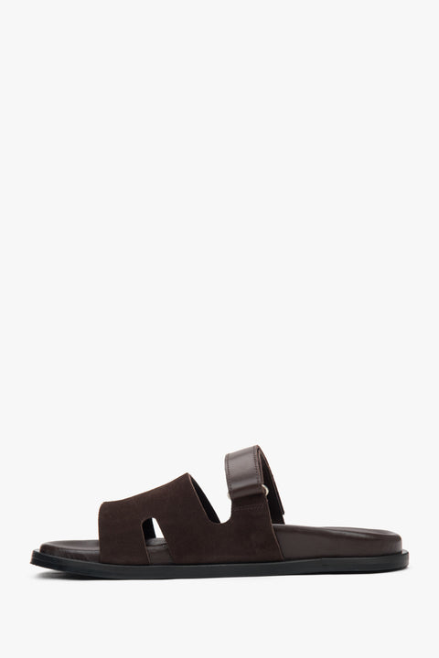 Stylish women's slide sandals from Estro, crafted with saddle brown leather and soft velour for ultimate comfort. 