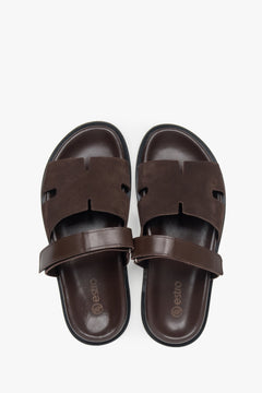 Saddle brown women's slide sandals, a beautiful blend of natural leather and plush velour. 
