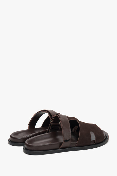 Saddle brown women's slide sandals from Estro, offering a chic and comfortable design made with a combination of velour and leather. 