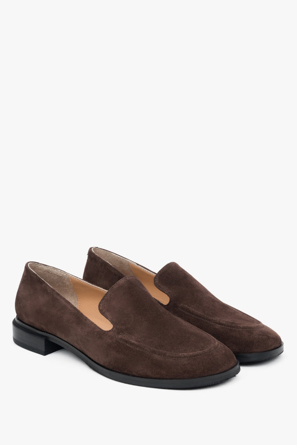 Women's dark brown velour loafers.