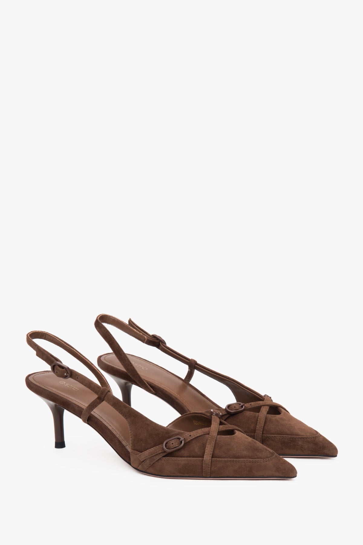 Saddle brown velour slingback shoes with low heel by Estro.