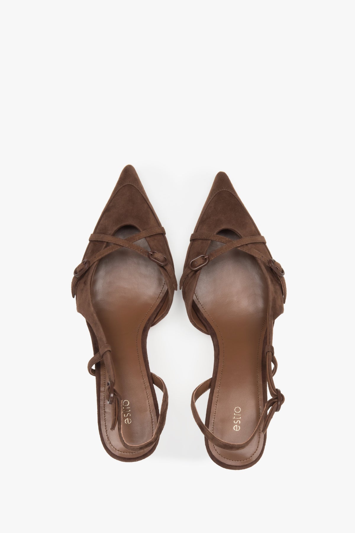 Women's brown velour slingbacks with a small heel.