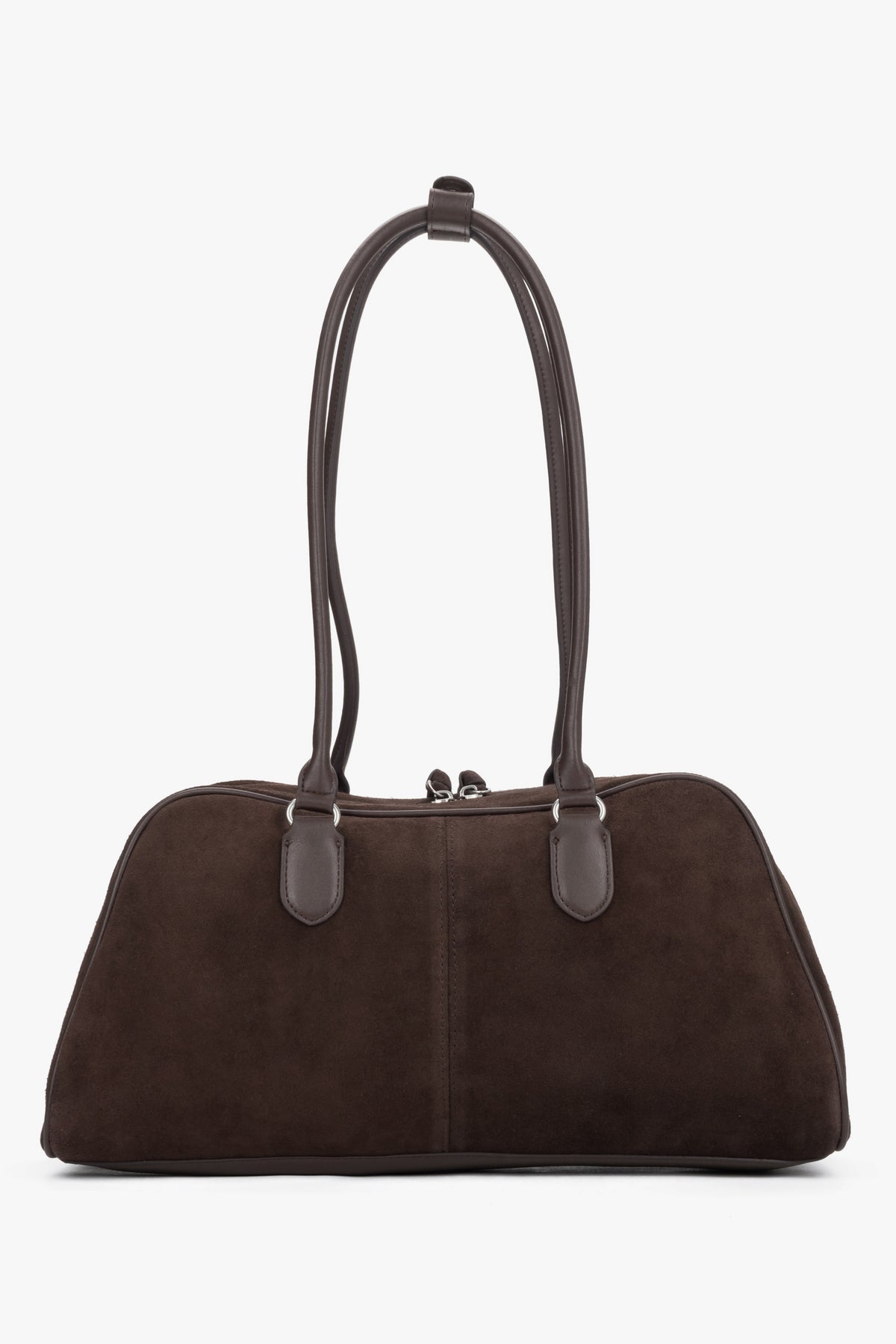 A shoulder bag for women by Estro in saddle brown velour, featuring long handles.