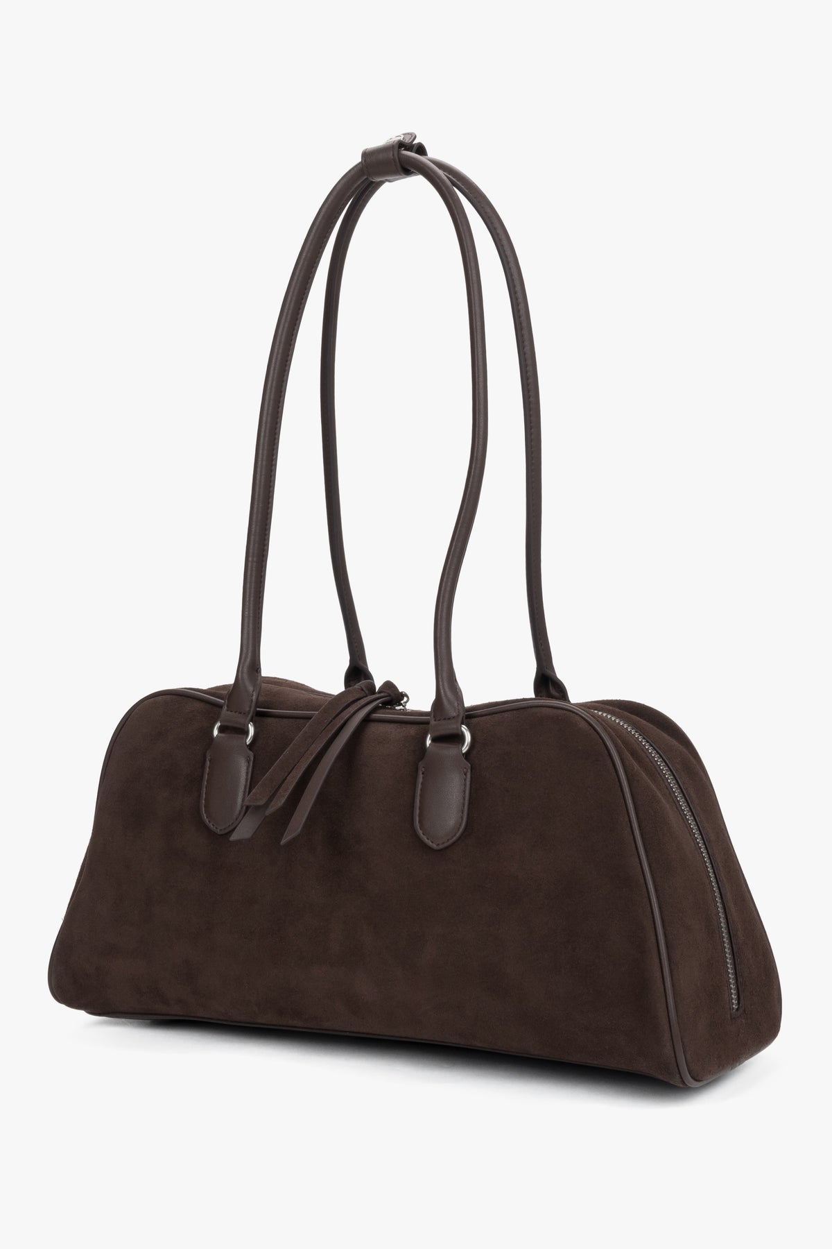 Women's saddle brown velour shoulder bag with long handles by Estro.