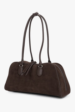Women's saddle brown velour shoulder bag with long handles by Estro.