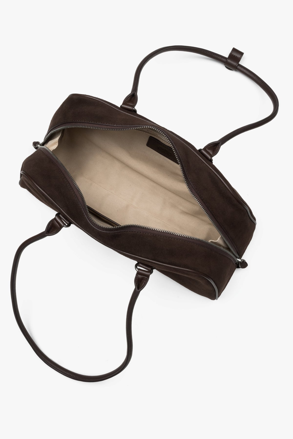 Front view of the women's Estro shoulder bag, showing the saddle brown velour and its long handle design.