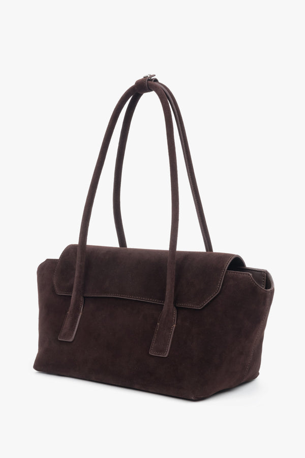 Dark brown velour women’s shoulder bag with long handles by Estro.