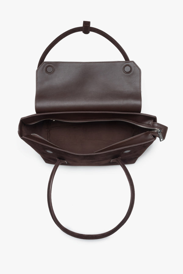Dark brown velour women’s shoulder bag with long handles, Estro.