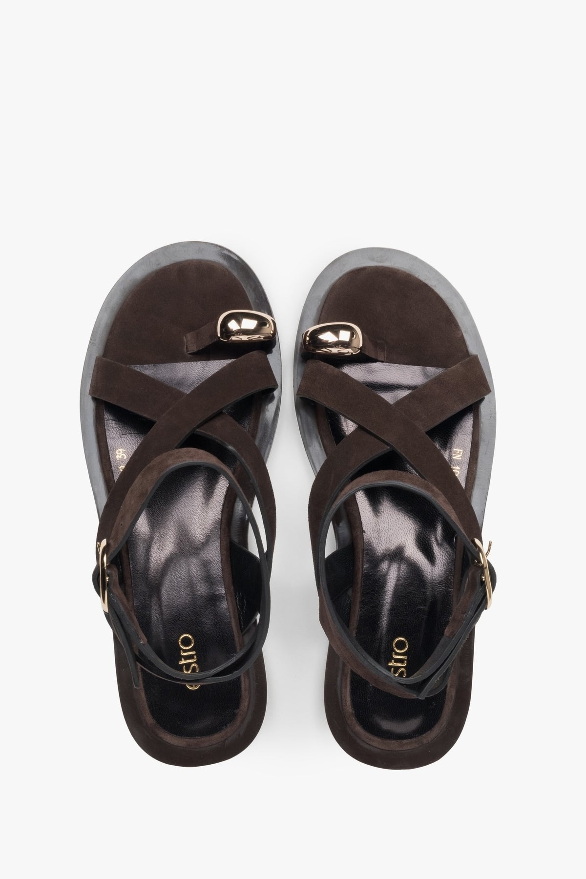 Saddle brown velour sandals from Estro, featuring a strappy design and a trendy toe ring.