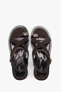 Saddle brown velour sandals from Estro, featuring a strappy design and a trendy toe ring.