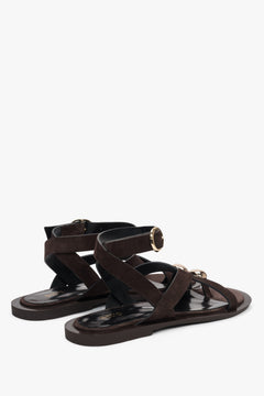 Saddle brown velour women's sandals by Estro, offering a unique and fashionable look with their strappy design and subtle toe ring. 