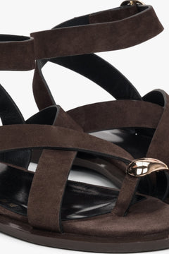 Elegant and comfortable women's strappy sandals from Estro, crafted in soft saddle brown velour and finished with a delicate toe ring detail. 