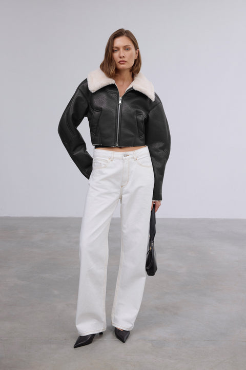 Women's Short Black Faux Leather & Fur Shearling Jacket Estro ER00120533.