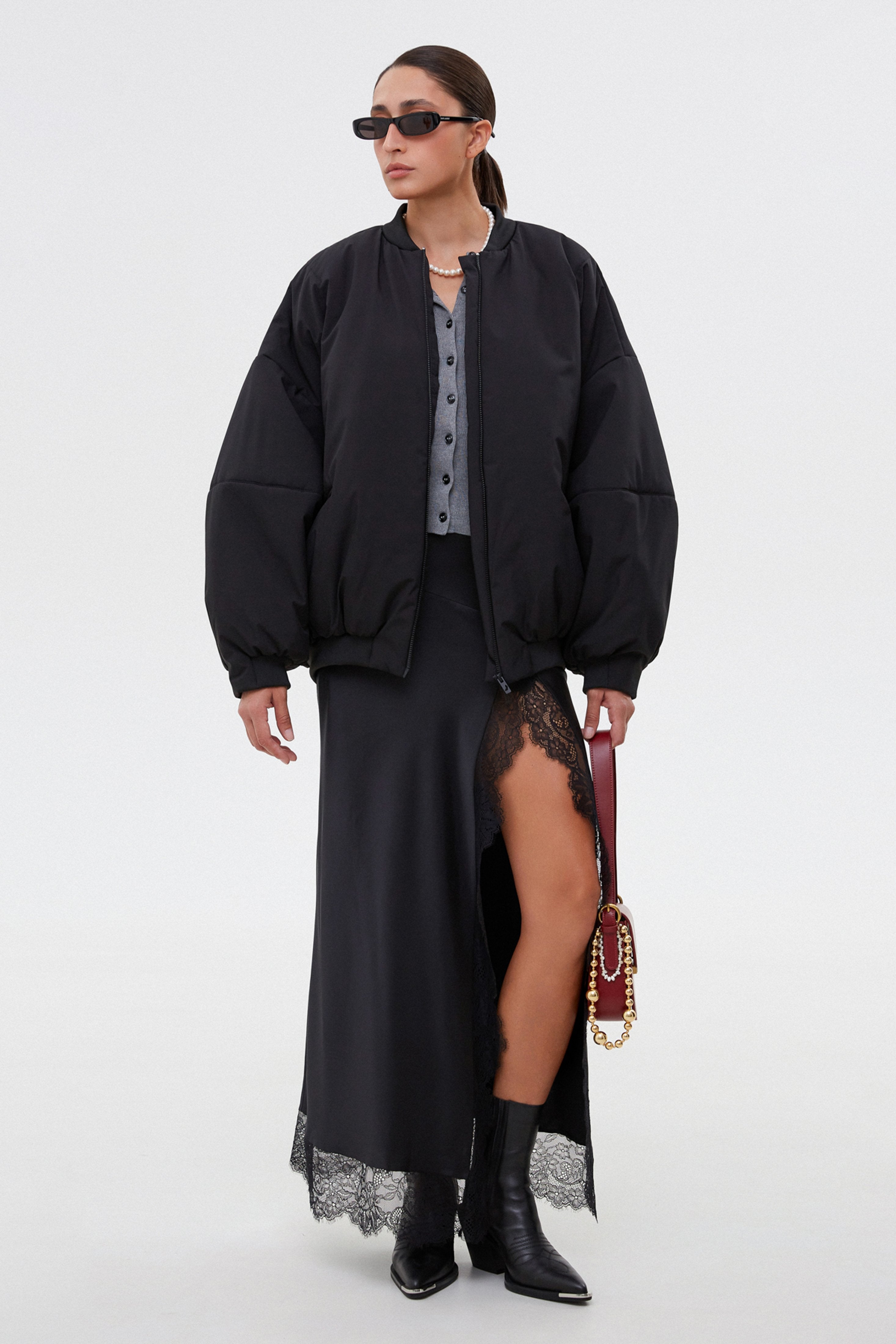 Women’s Short Black Oversize Bomber Jacket with Stand Collar Estro ER00115721.