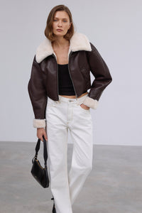 Women's Short Dark Brown Faux Leather & Fur Shearling Jacket Estro ER00120535.