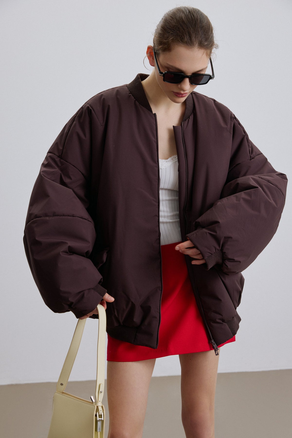 Women’s Short Dark Brown Oversize Bomber Jacket with Stand Collar Estro ER00119219.