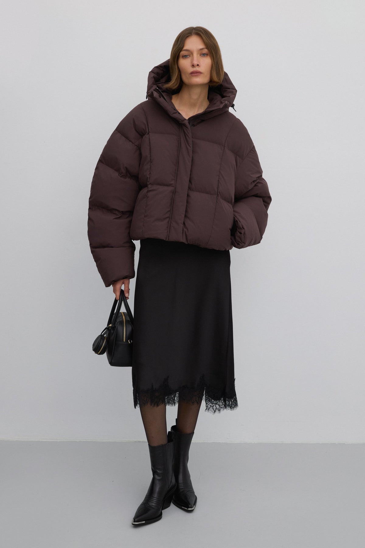 Women's Short Dark Brown Puffer Jacket with High Collar for Winter Estro ER00117989.