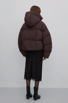 Dark brown short women’s puffer jacket with high collar for winter Estro ER00117989.