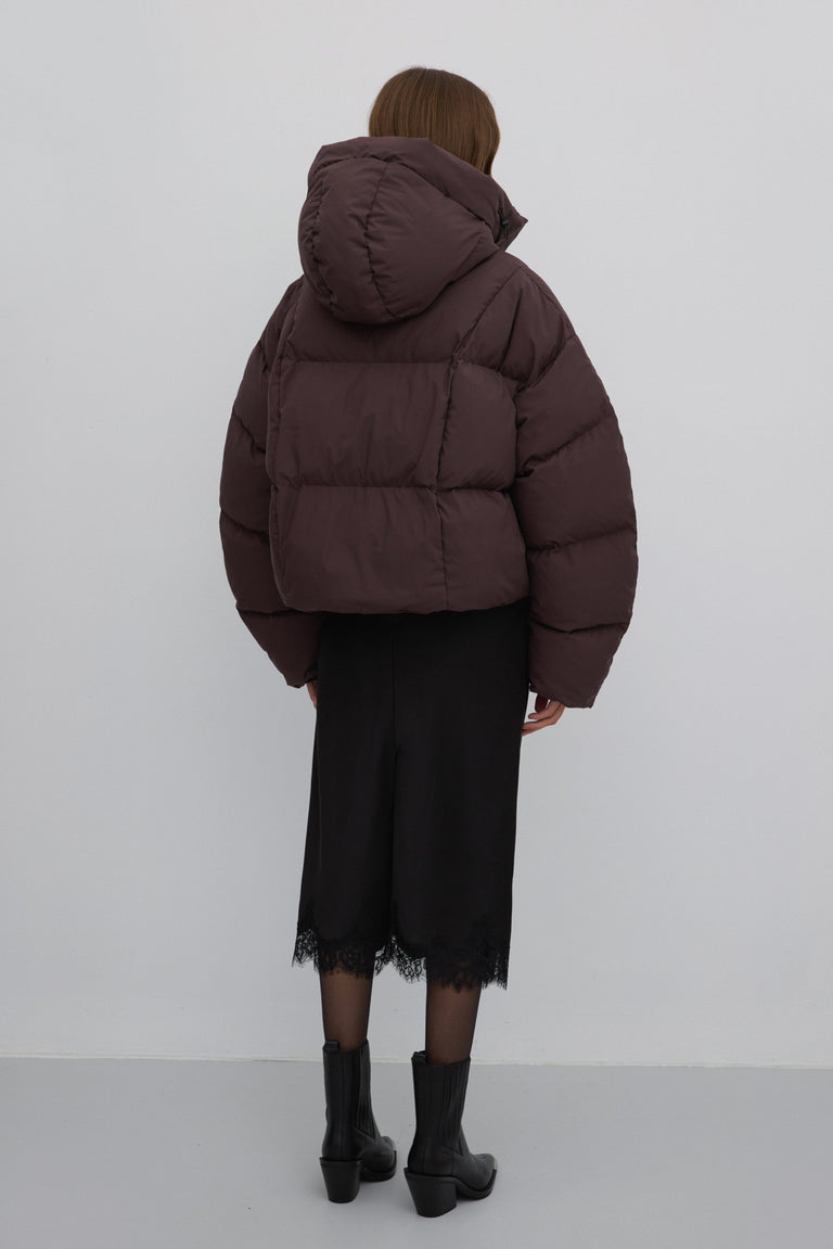 Dark brown short women’s puffer jacket with high collar for winter Estro ER00117989.