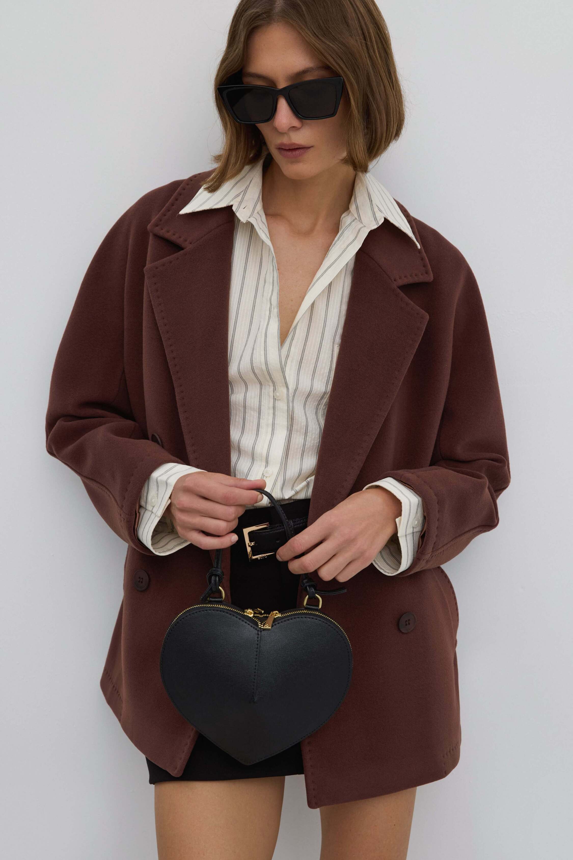 Women's Short Double-Breasted Dark Brown Coat with Wool Estro ER00117092.