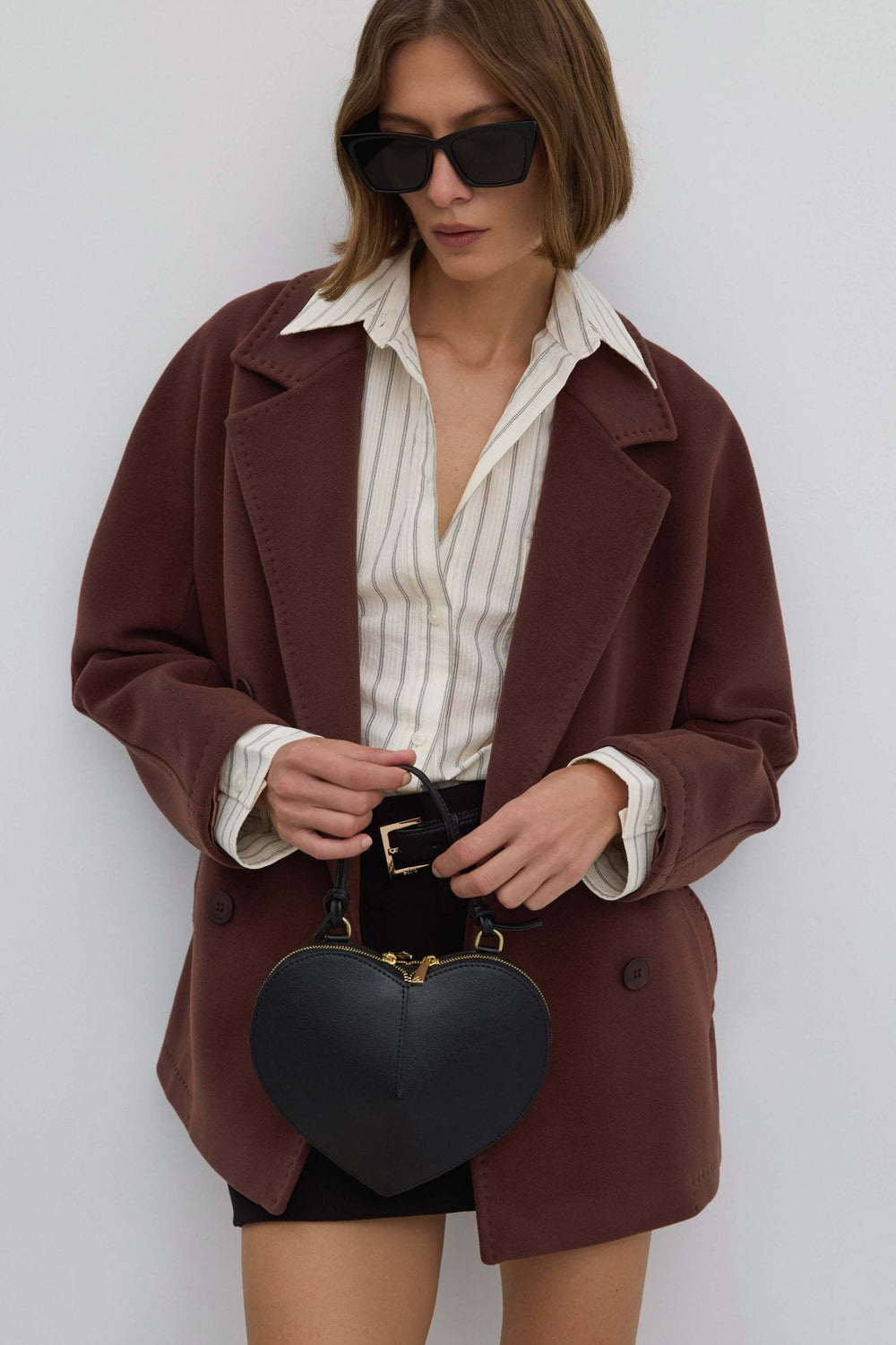 Women's Short Double-Breasted Dark Brown Coat with Wool Estro ER00117092.