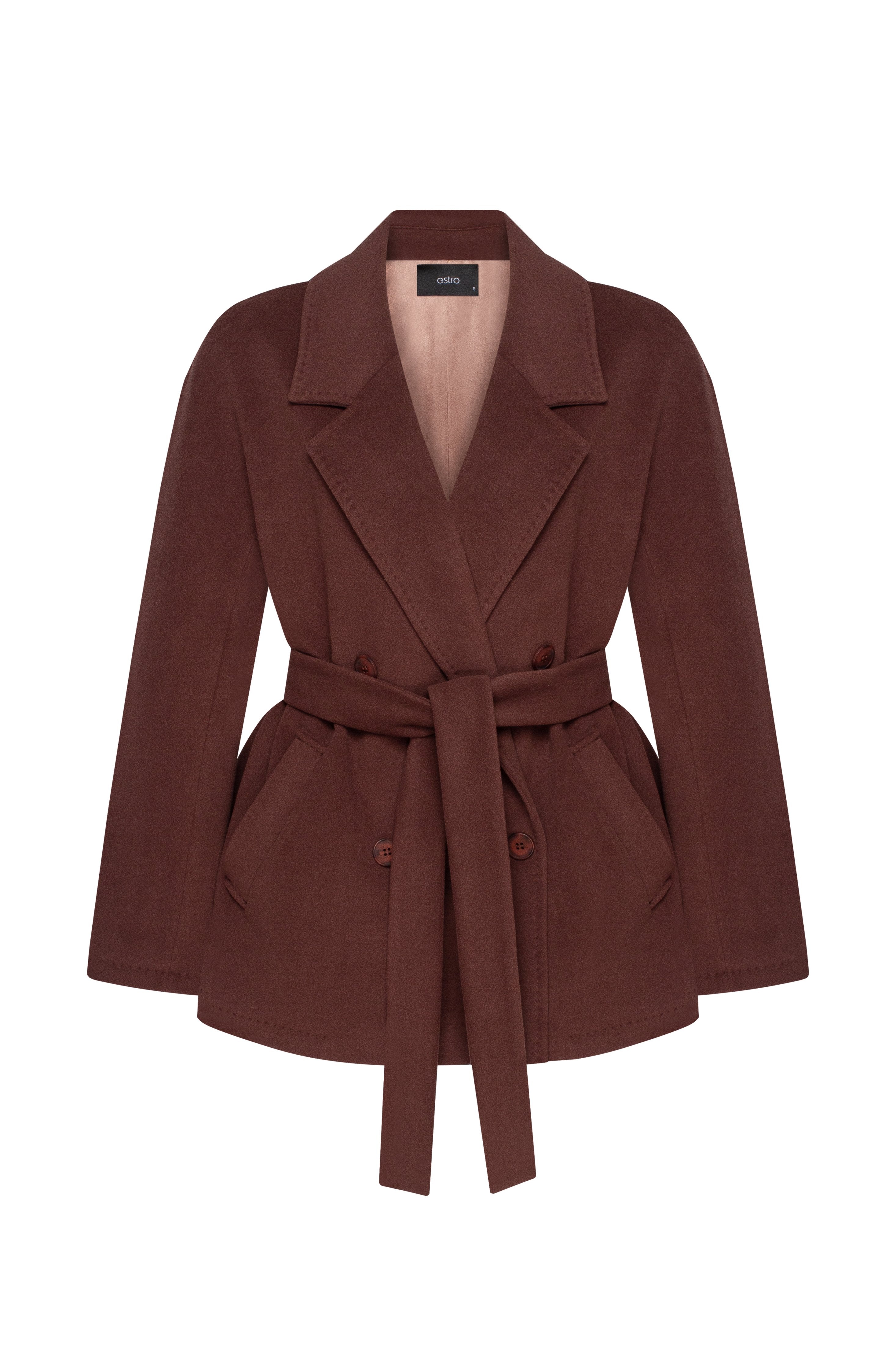 A short, double-breasted women's coat in dark brown Estro - packshot.