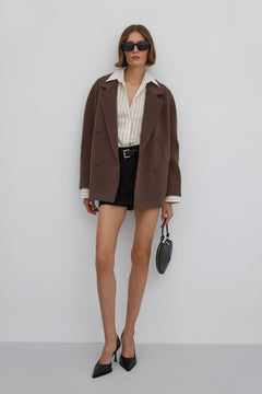 Brown short double-breasted women’s coat with wool by Estro.