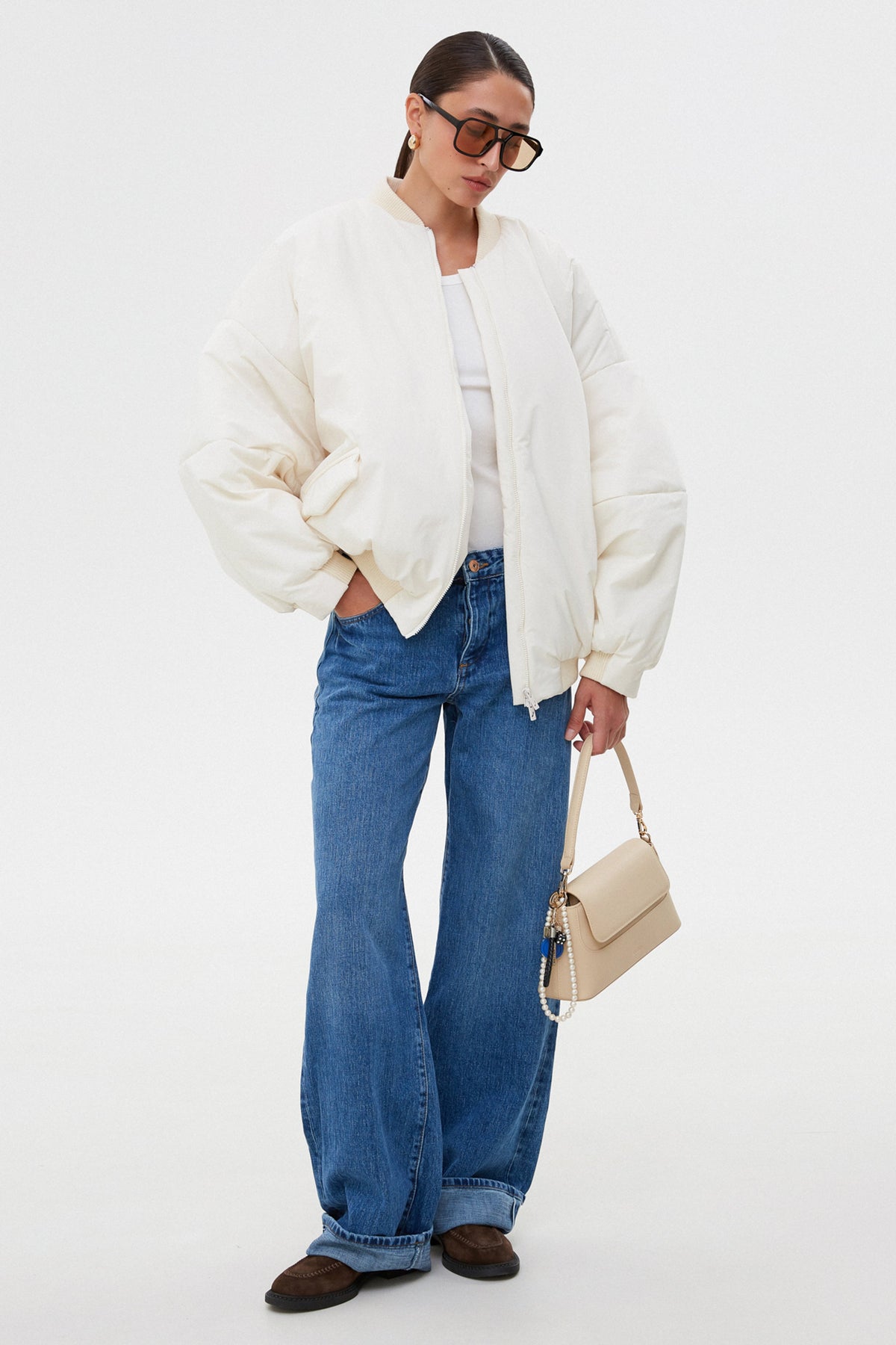 Women’s Short Milky White Oversize Bomber Jacket with Stand Collar Estro ER00115728.