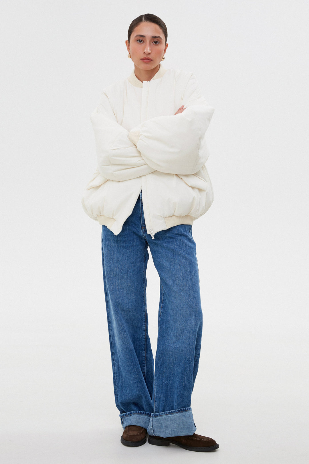 Women’s short milk-white oversize bomber jacket with a stand collar Estro.
