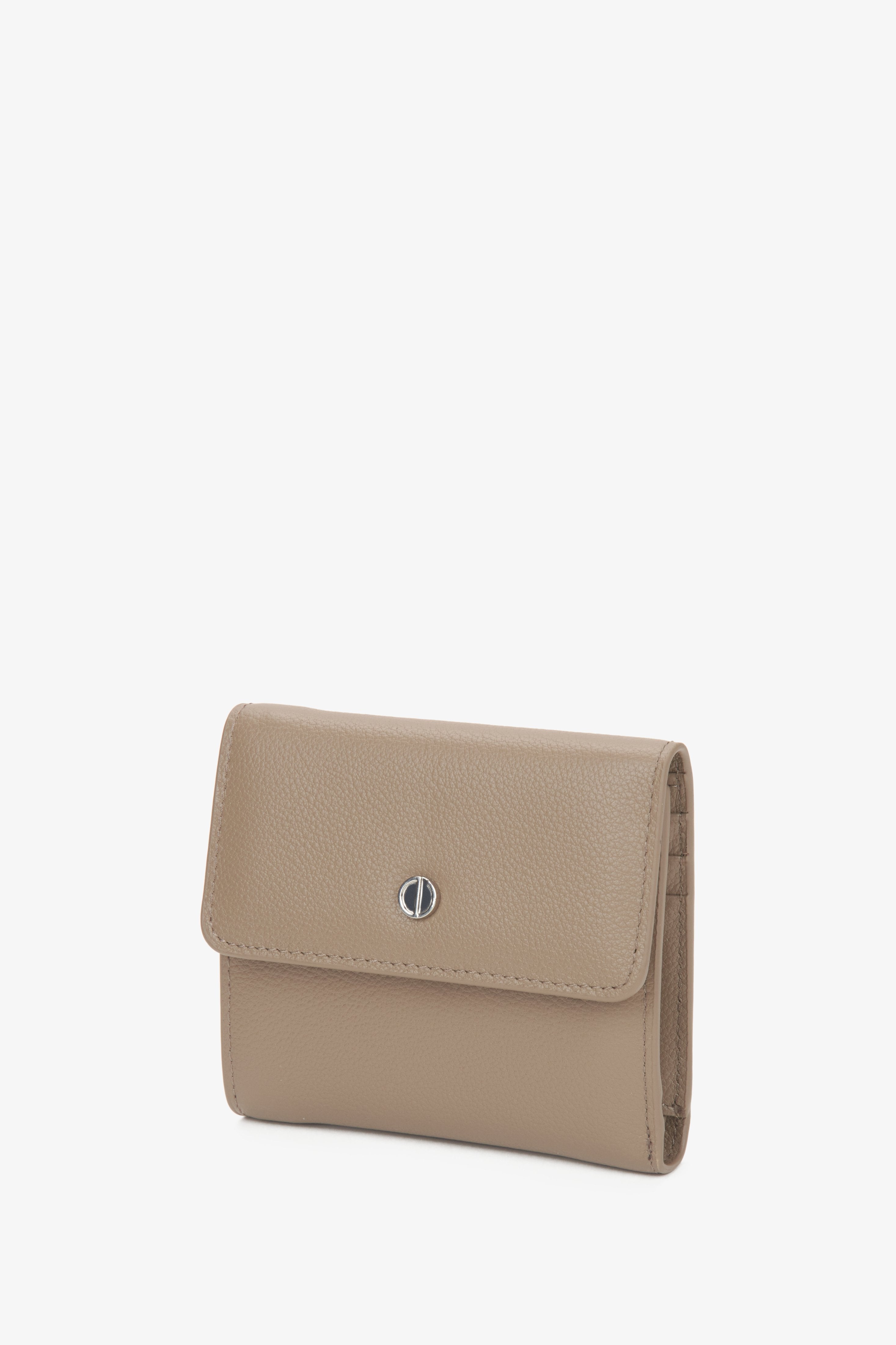 Small beige leather tri-fold wallet for women by Estro.