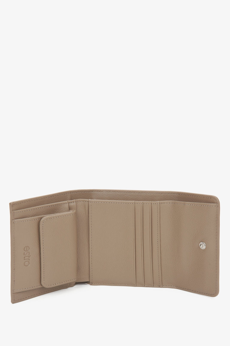 Elegant small beige leather women's tri-fold wallet from Estro.