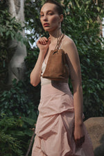 Women's Small Beige Velour Drawstring Bucket Bag Estro ER00119335.