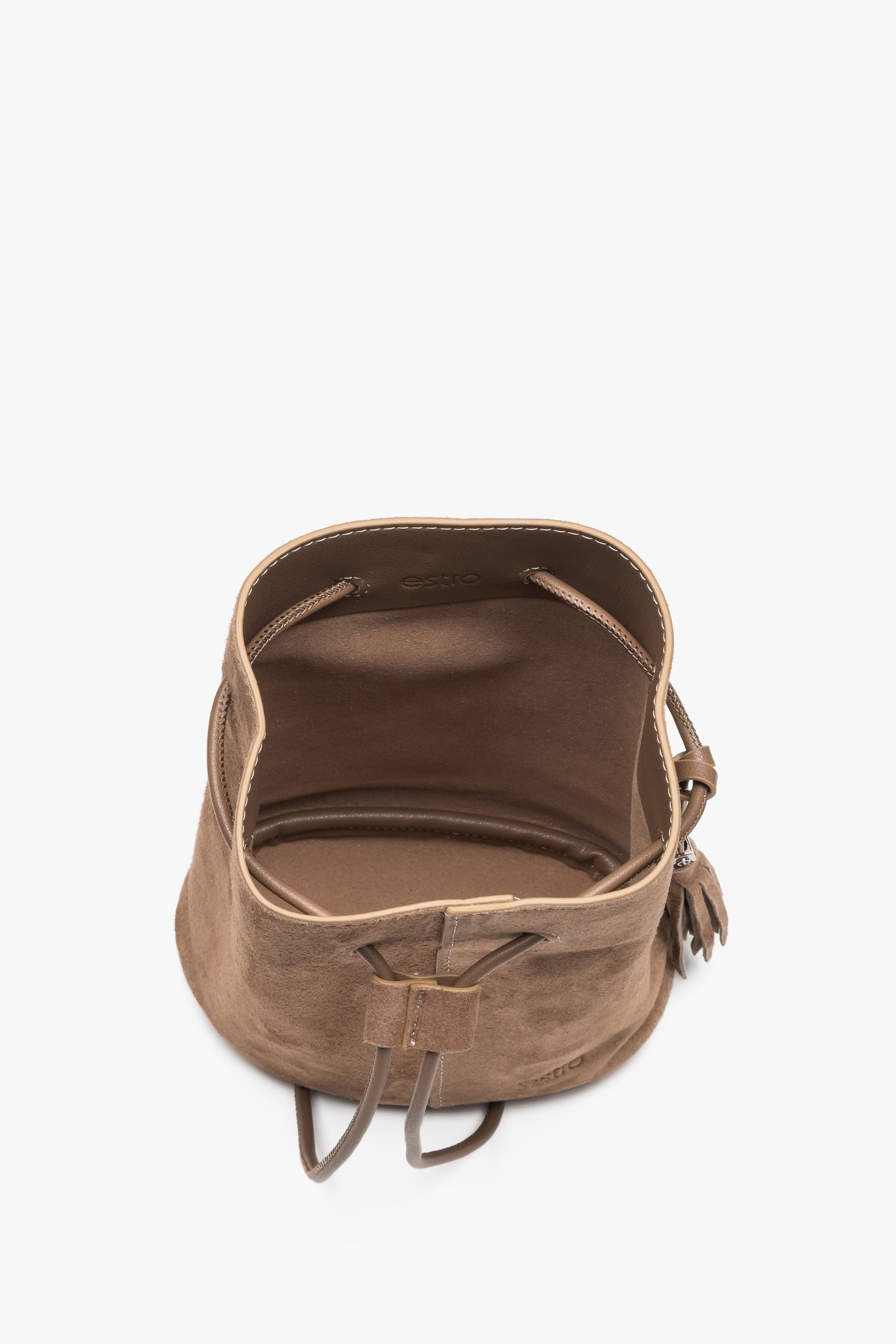 Natural velour small beige women's drawstring handbag by Estro.
