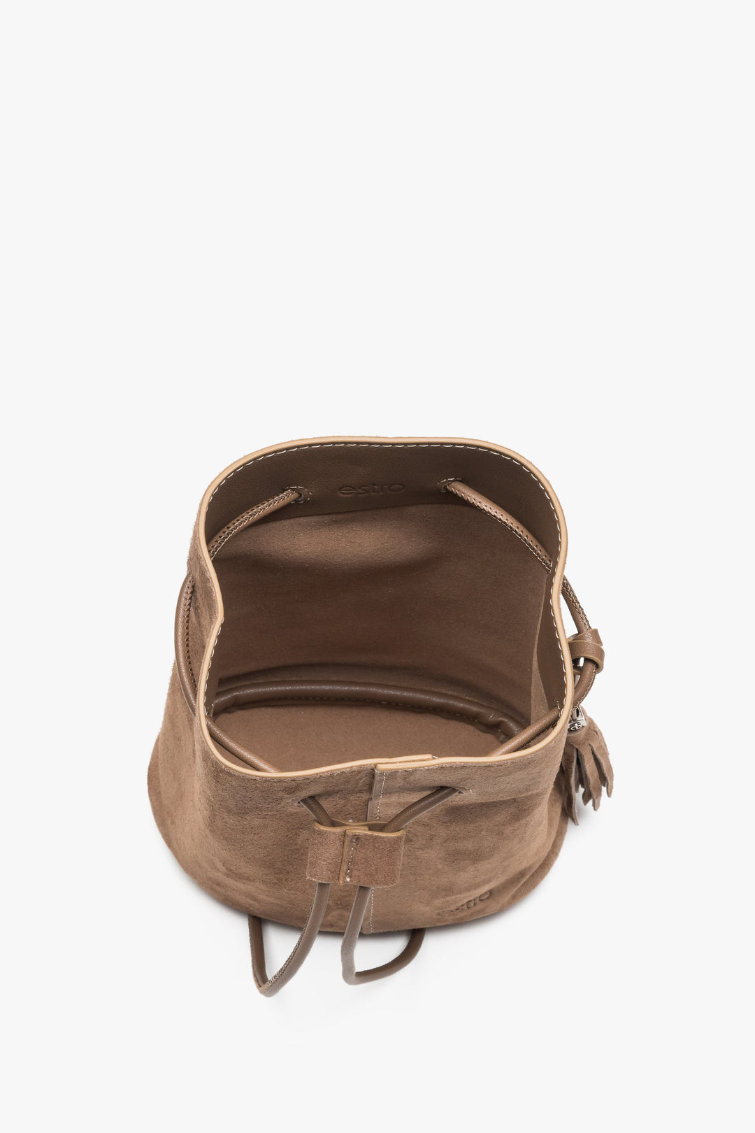 Natural velour small beige women's drawstring handbag by Estro.