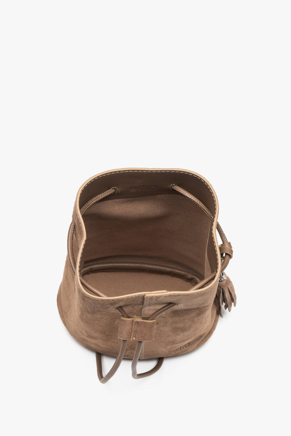 Natural velour small beige women's drawstring handbag by Estro.