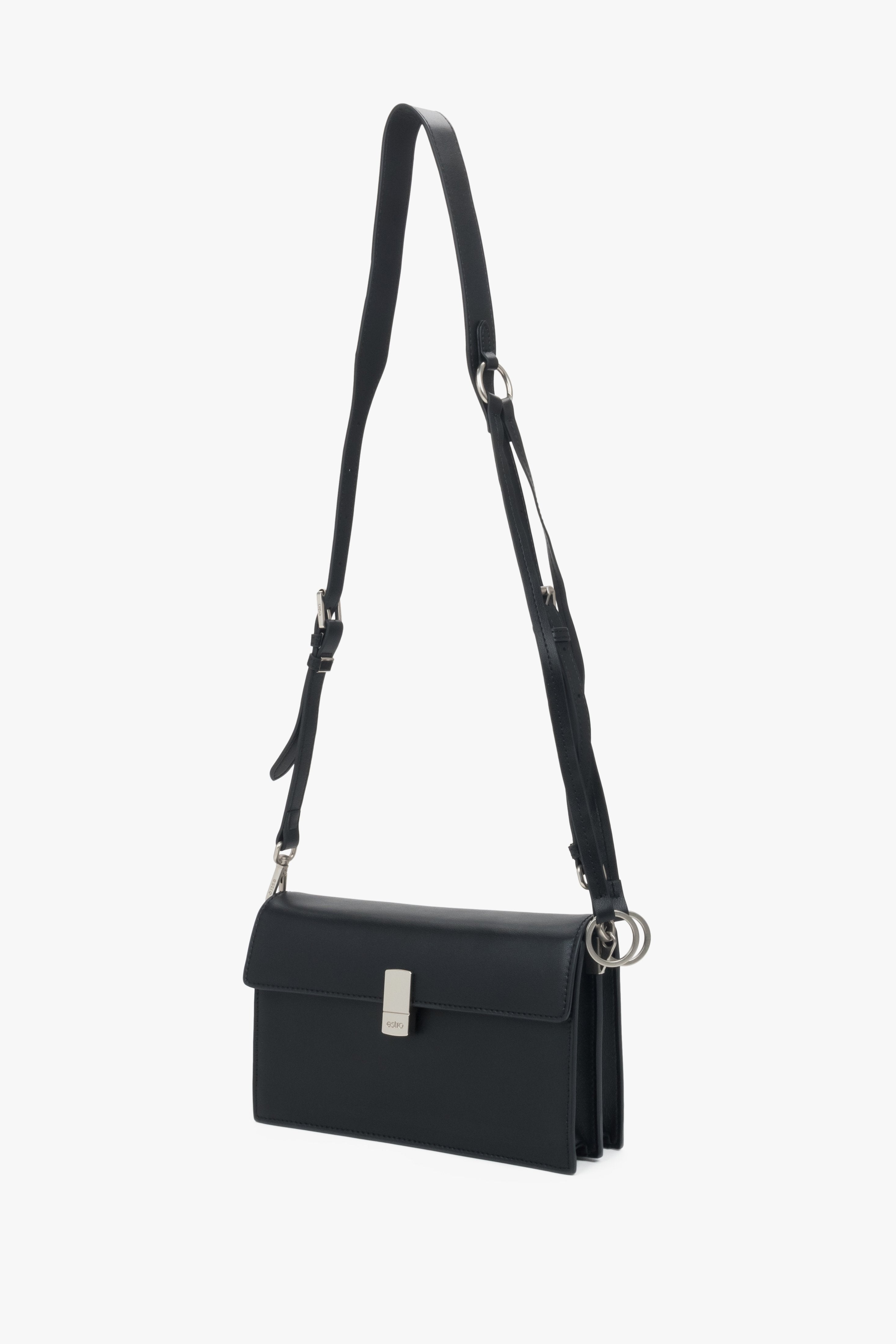 Small black crossbody bag for women in genuine leather with silver hardware.