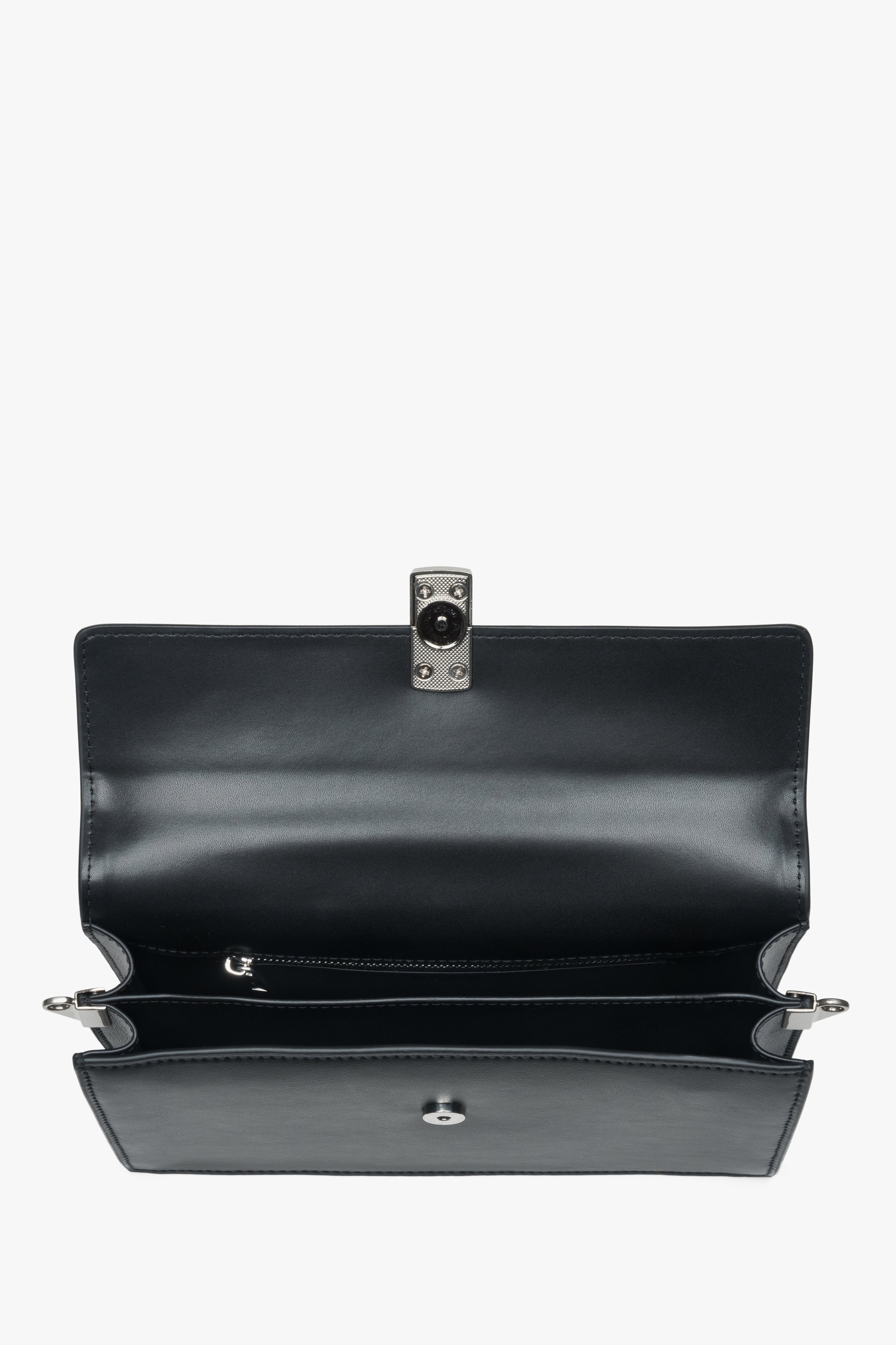 Black leather crossbody bag for women with two compartments and silver hardware, Estro.