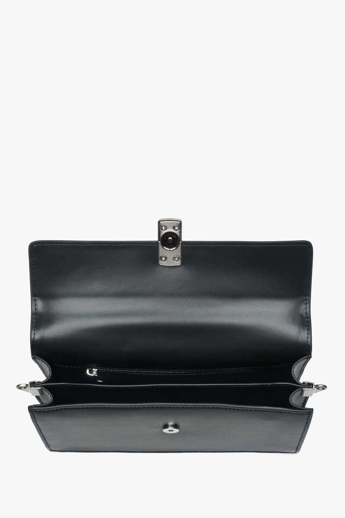 Black leather crossbody bag for women with two compartments and silver hardware, Estro.