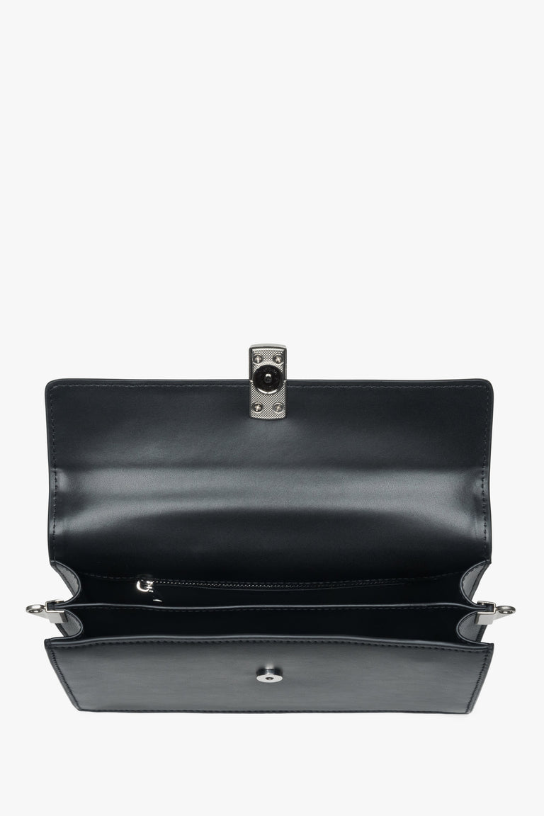 Black leather crossbody bag for women with two compartments and silver hardware, Estro.