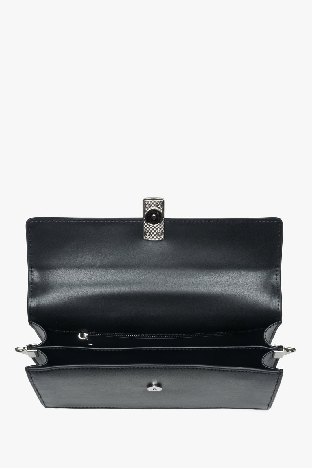 Black leather crossbody bag for women with two compartments and silver hardware, Estro.